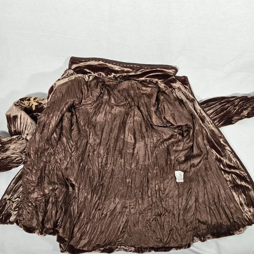 Vintage SURREALIST Steampunk Y2K Crinkled Velvet Embroidery Brown Jacket Size 2. - Picture 11 of 14